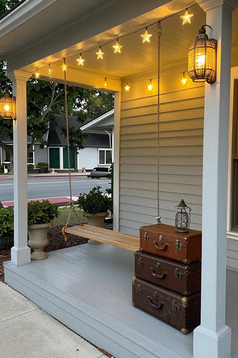 Gray clapboard house porch featuring a wooden swing hanging from ropes, three stacked brown leather suitcases as side table, star-shaped string lights draped from ceiling, hanging lanterns, potted plants in urns, and view of street and neighboring houses.