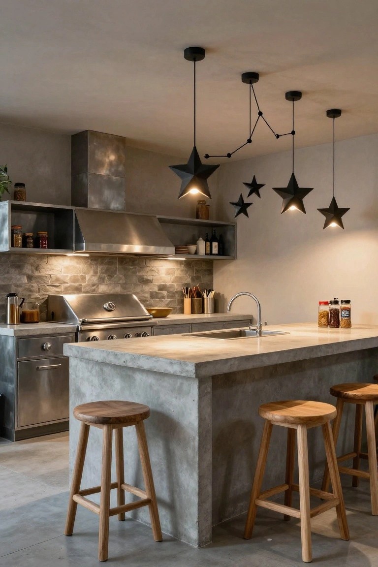 Modern indoor kitchen with multiple black geometric star-shaped pendant lights hanging over a gray concrete island, wooden bar stools, stainless steel grill and range hood, and open shelving.