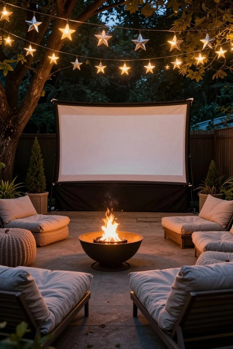 Backyard patio at dusk with star-shaped string lights hanging from trees, a freestanding projector screen, a round fire pit surrounded by cushioned lounge chairs and ottomans, potted plants, and a wooden fence.