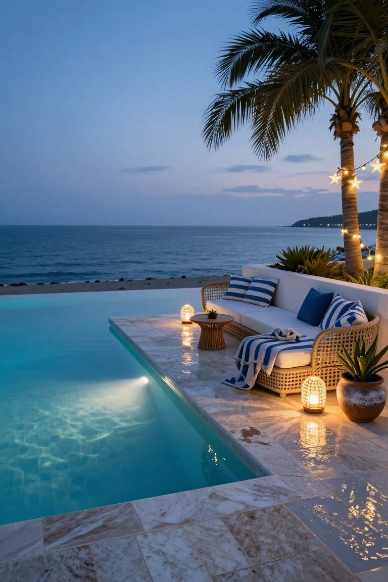 Outdoor infinity pool terrace at dusk overlooking the ocean, with rattan sofa with blue cushions and striped throw, low table, lanterns, potted plants on tiled deck, palm trees wrapped in star string lights.