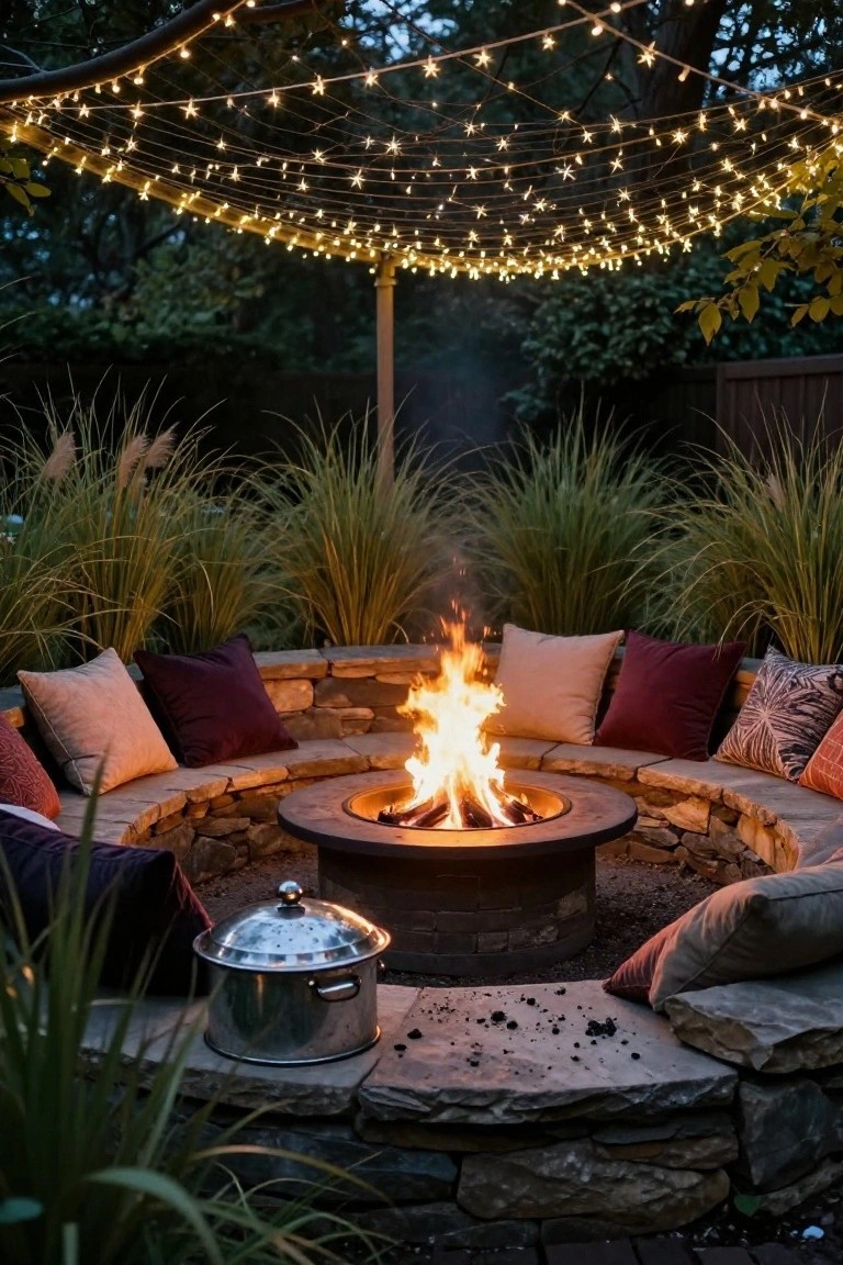 Stone fire pit with curved seating bench topped by assorted cushions, surrounded by pampas grass, a metal pot nearby, and star string lights overhead at dusk.