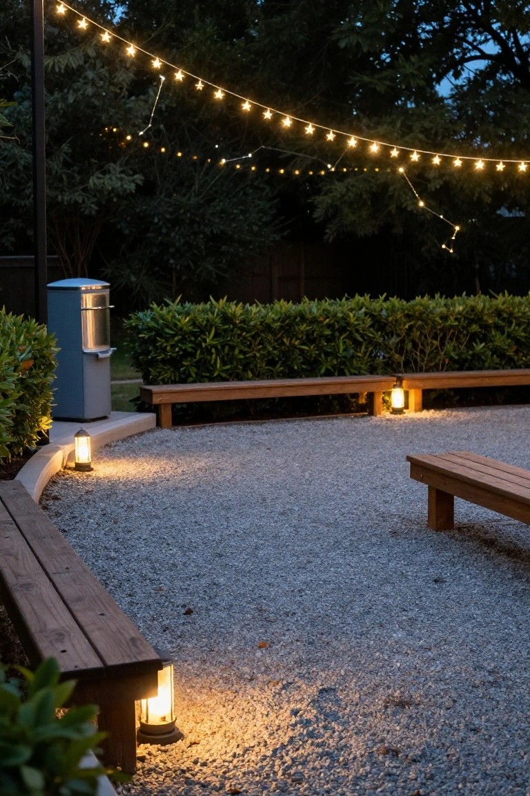 Outdoor gravel patio area at dusk with curved wooden benches, low lanterns, boxwood hedges, a blue trash bin, and overhead star-shaped string lights strung between poles.