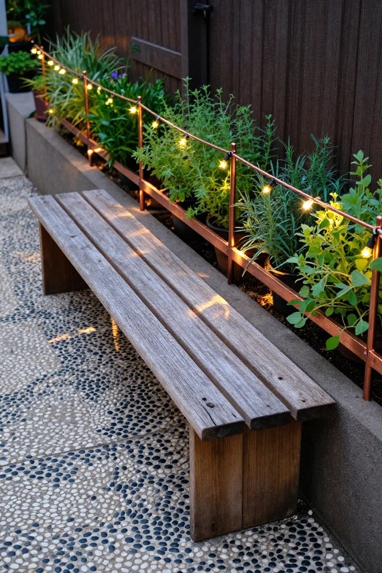 Wooden bench on a pebble stone patio next to raised metal planters filled with green herbs and plants, lit by small string lights along copper piping edging against a dark wooden fence.