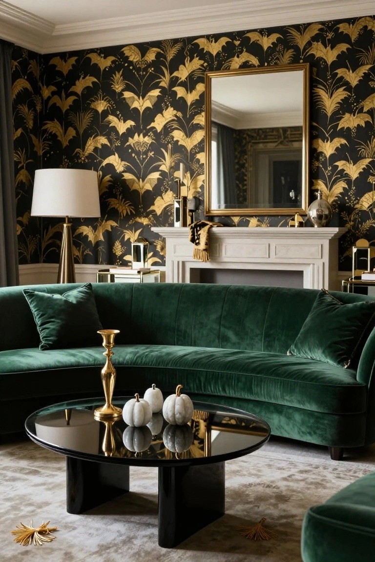Living room with black wallpaper patterned in gold bats and leaves, emerald green velvet sofa, black glass coffee table holding white pumpkins and gold candlesticks, gold floor lamp, white marble fireplace mantel with gold decor, and large gold-framed mirror.