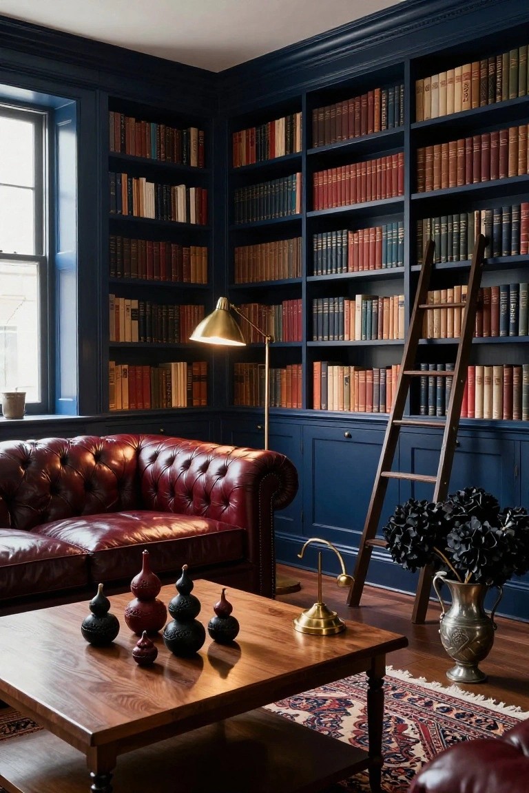 Library room with deep navy built-in bookshelves filled with books, wooden rolling ladder, red tufted leather sofa, wooden coffee table holding black and red gourd-shaped ceramics, black hydrangeas in silver vase, gold lamp, and patterned rug.