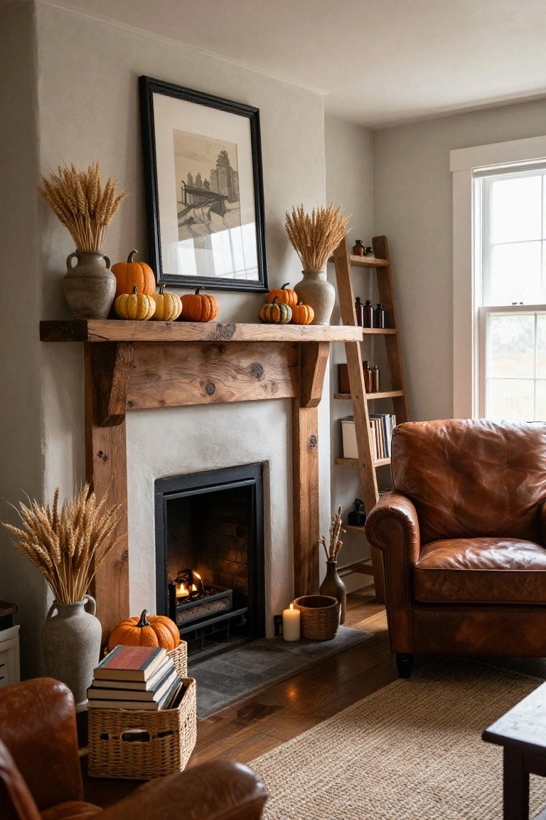 Living room corner featuring a rustic wooden fireplace mantel decorated with small pumpkins, wheat sheafs in ceramic vases, stacked books in a basket, and candles, with leather armchairs, a ladder shelf, and neutral walls nearby.