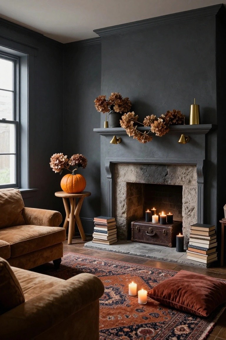 Dark-walled living room with stone fireplace, dried hydrangea garland draped over mantel, burning candles in hearth and on edges, pumpkin on wooden stool, tan leather sofa, stacked books, brass accents, and red-toned rug.