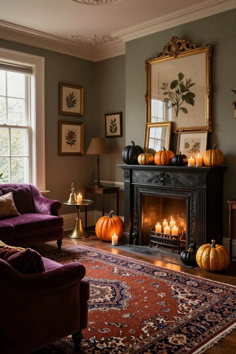 Living room featuring a black ornate fireplace with mantel lined by assorted pumpkins in black, orange, and gold plus lit candles, purple velvet sofa nearby, sage green walls, and botanical artwork.