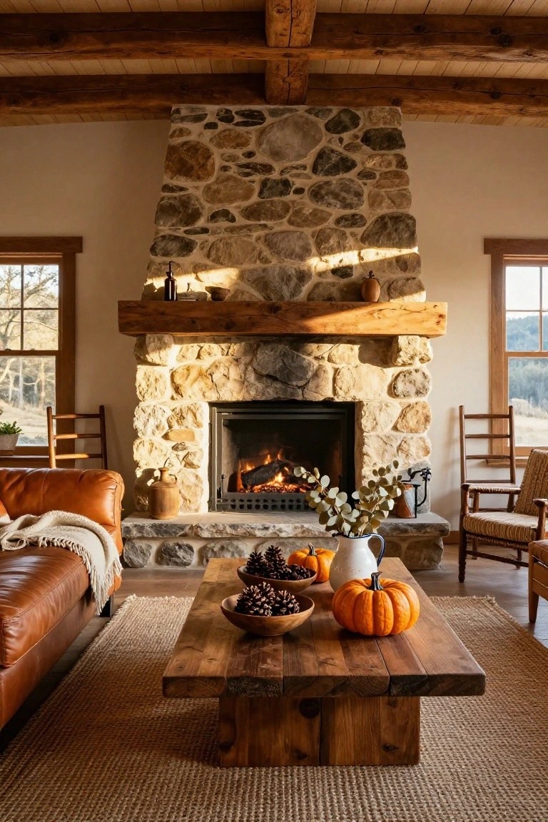 Cozy Stone Fireplace with Fall Pumpkins