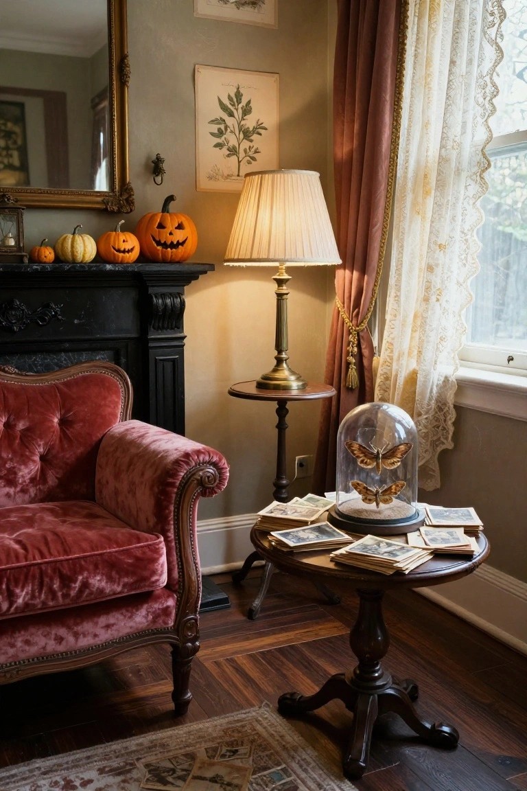 Victorian-style living room corner with red velvet tufted armchair next to a small wooden table holding a glass-domed butterfly specimen and stacks of old photographs, beside a black fireplace mantel topped with small carved pumpkins and lit by a table lamp.