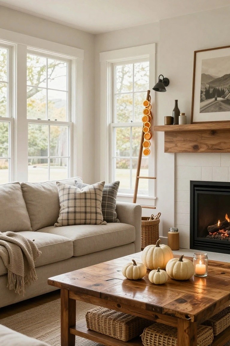 Living room corner featuring a beige sofa, wooden coffee table with white pumpkins and a lit candle, brick fireplace with fire, wooden ladder holding dried orange slices, large windows, and wicker baskets.