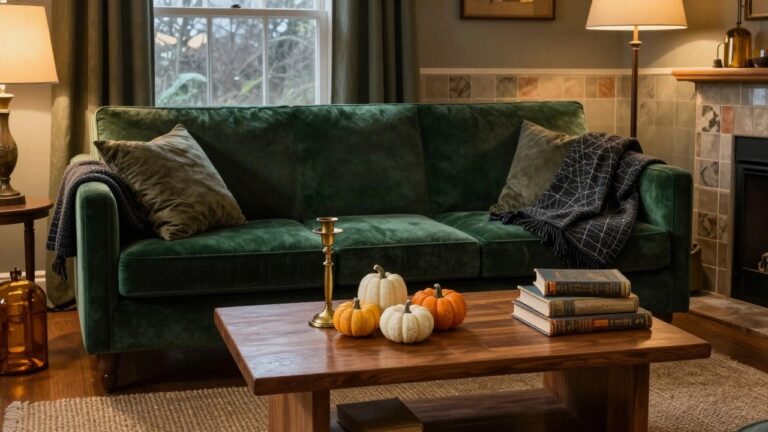 Emerald green velvet L-shaped sofa in a living room corner with oval wooden coffee table holding small white and orange pumpkins, brass candelabras, books, and a black knit throw draped over the sofa arm, near a tiled fireplace and window with sheer curtains.