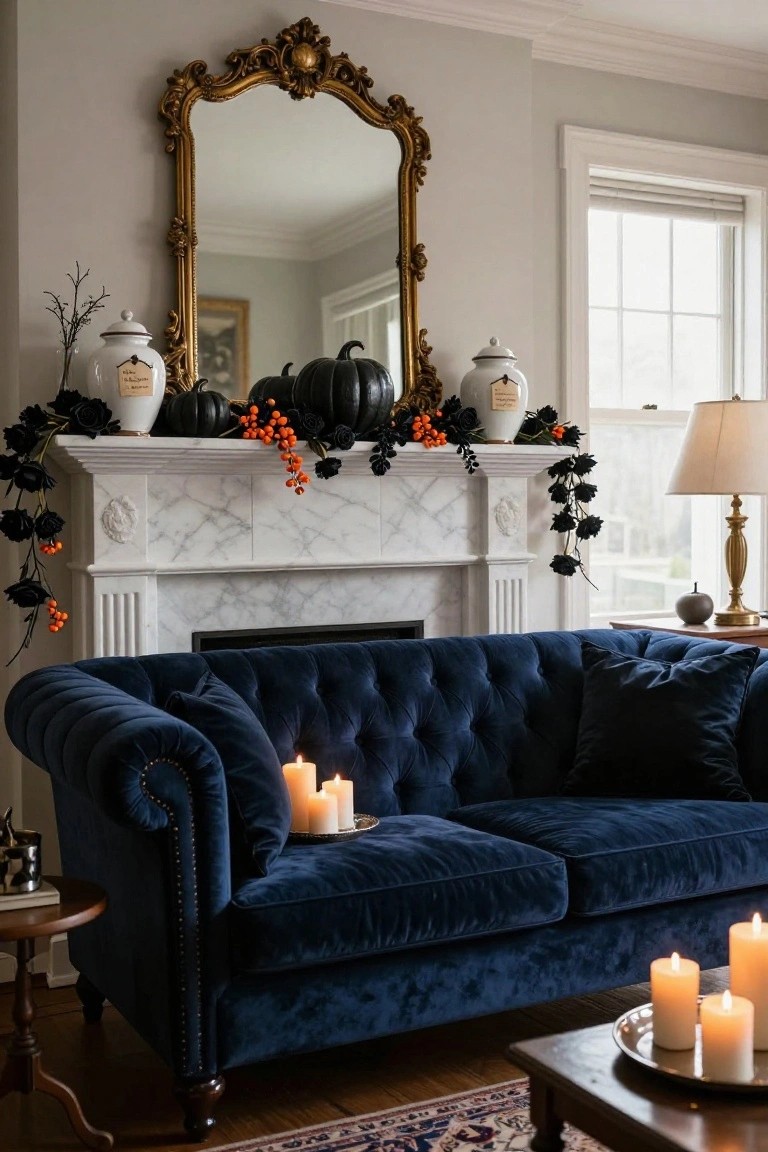 Living room fireplace mantel decorated for Halloween with black roses, orange berries, black pumpkins, and white labeled jars, ornate gold mirror above, navy velvet sofa with candles in foreground.