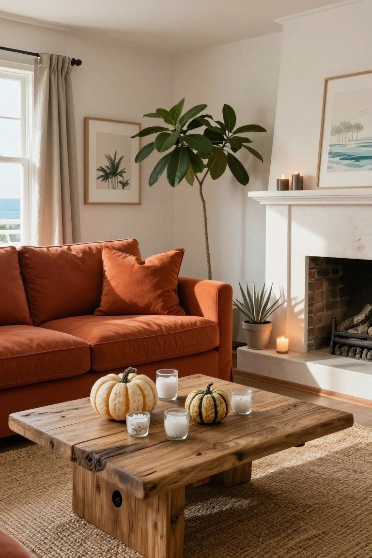 Living room featuring an orange sofa, rustic wooden coffee table with white pumpkins, knobby yellow pumpkin, glass candles with salt, plants, fireplace, and window overlooking the ocean.