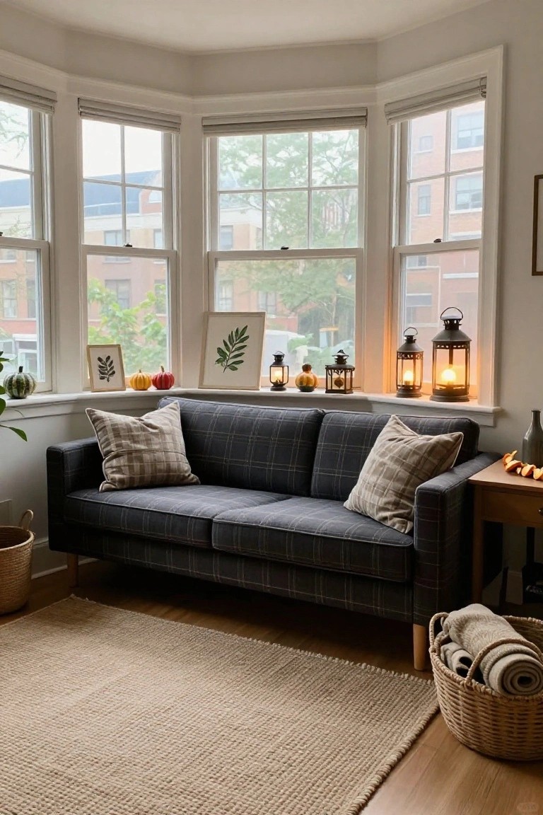 Living room bay window sill decorated with lit black lanterns, small pumpkins, leaf artwork, and plants, next to a dark plaid sofa on a seagrass rug with wicker baskets nearby.
