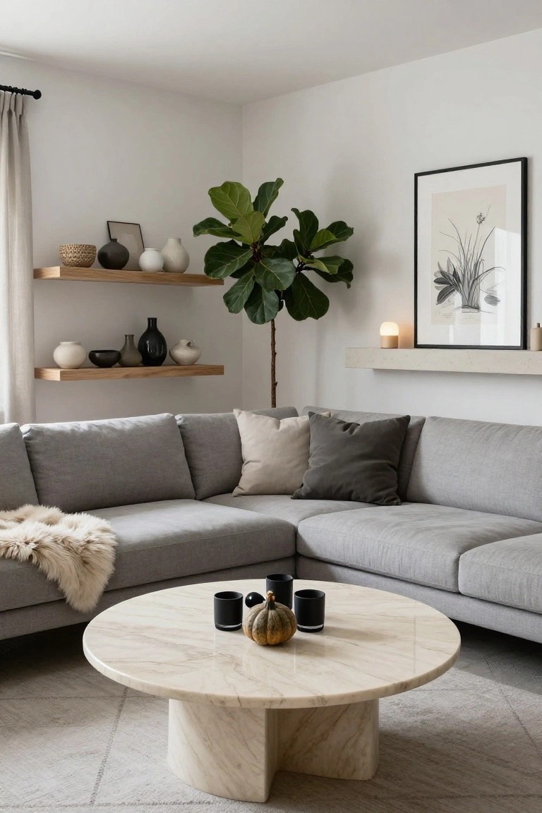 Corner of a neutral living room with gray L-shaped sofa, round white marble coffee table holding black mugs and small pumpkins, large potted ficus tree, wooden floating shelves with ceramics and vases, and black-framed artwork on white walls.