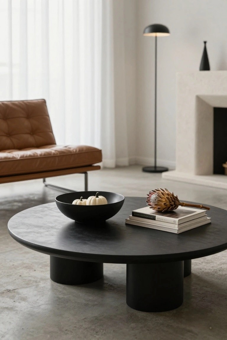 Modern living room with a round black coffee table holding a black bowl of small white pumpkins, stacked white books, and a brown protea flower, next to a tan leather chair, floor lamp, and fireplace.