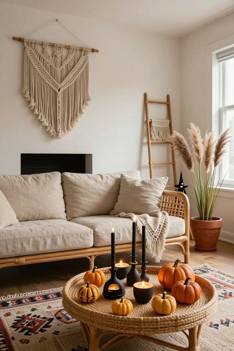 A beige linen sofa faces a rattan coffee table holding small orange pumpkins, some carved as jack-o-lanterns, black candles, and candle holders on a patterned rug in a neutral living room with macrame wall hanging, pampas grass, and wooden ladder shelf.