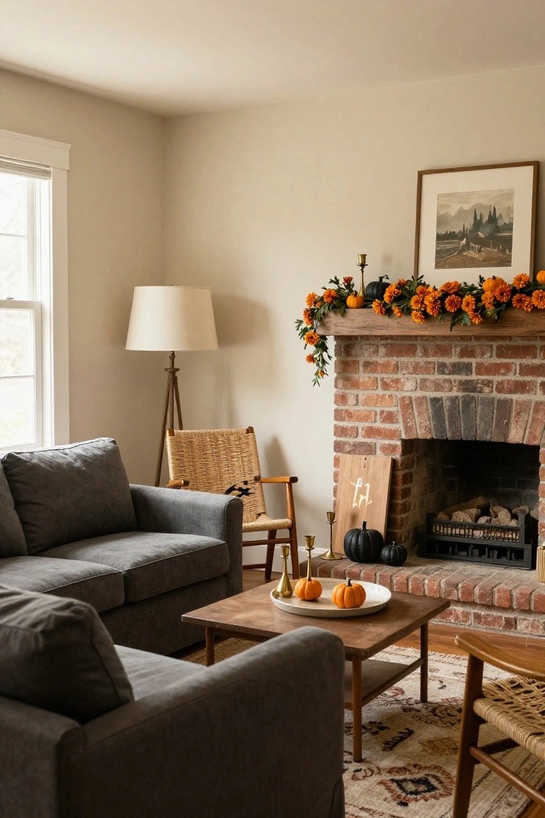 Living room corner with gray linen sofa, rattan chairs, wooden coffee table holding white plate with orange pumpkins, brick fireplace mantel garlanded with orange flowers and small pumpkins, neutral walls and beige rug.