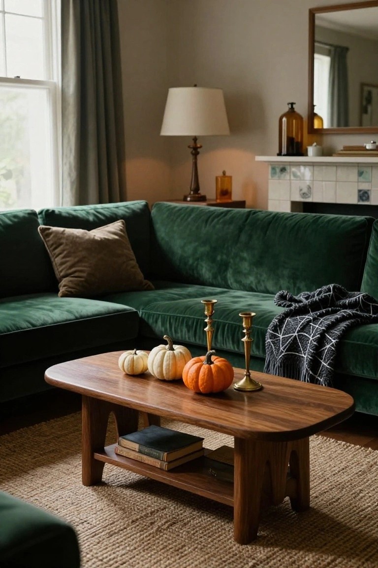 Emerald green velvet L-shaped sofa in a living room corner with oval wooden coffee table holding small white and orange pumpkins, brass candelabras, books, and a black knit throw draped over the sofa arm, near a tiled fireplace and window with sheer curtains.
