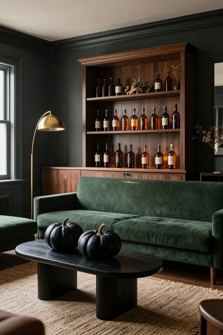 Living room with dark green velvet sofa and ottoman, black oval coffee table holding two black pumpkins, tall wooden cabinet displaying various liquor bottles, gold arc lamp, dark green walls, and seagrass rug.