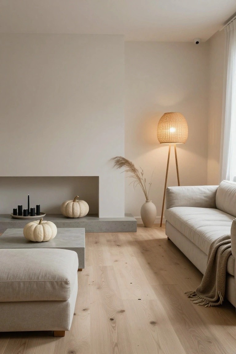 A minimalist beige living room with light wood floors, white sofa, concrete coffee table and hearth holding white pumpkins, rattan floor lamp, pampas grass in a vase, and black candles.