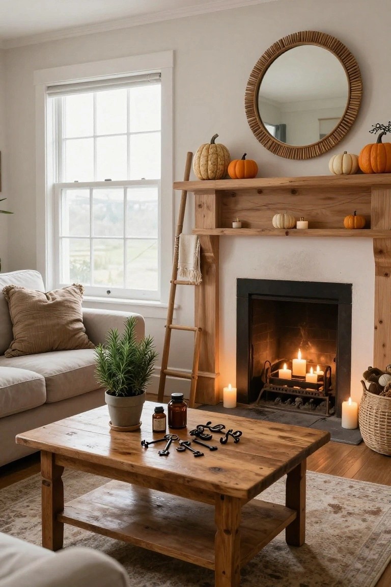 A cozy living room featuring a rustic wooden mantel above a lit fireplace, decorated with assorted pumpkins, candles, potted plants, and a wooden ladder on beige walls with a sofa nearby.