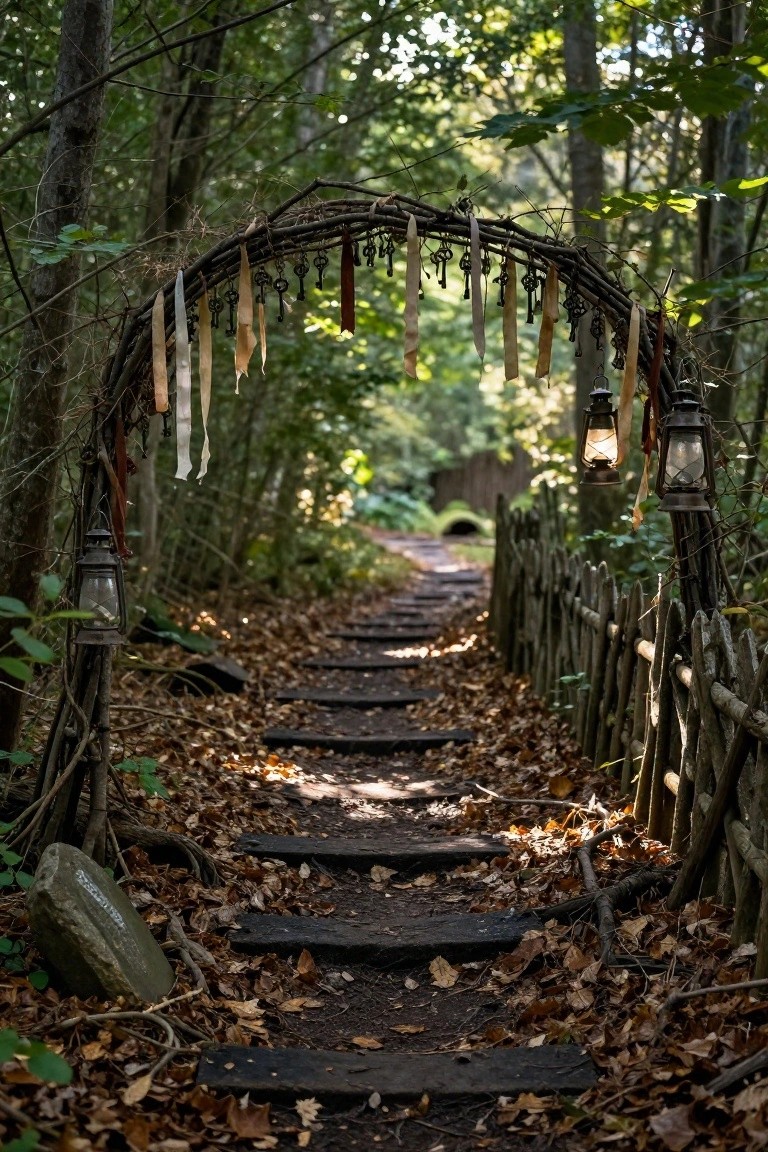 Circular stone-paved patio featuring built-in curved benches, a central moss-covered stone pillar, large terracotta pots around the edges, surrounding gardens, vine-covered wooden arbor, and crescent moon stakes.