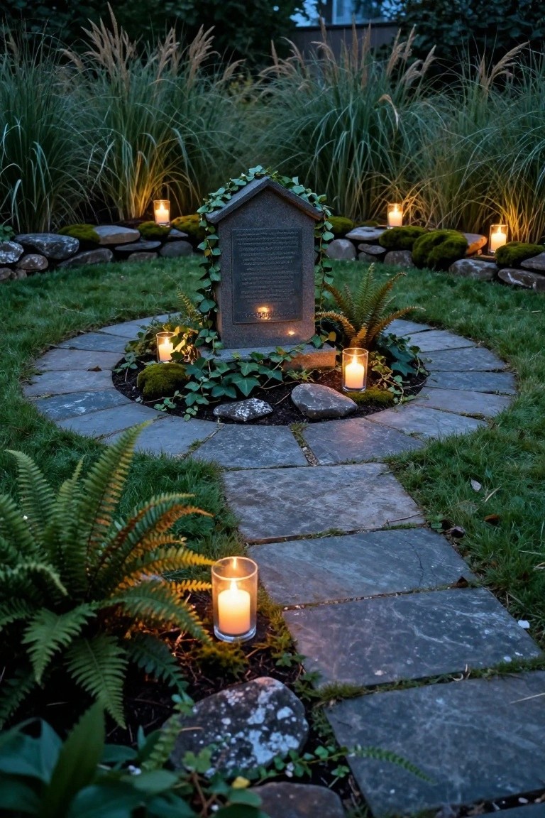 Front porch entrance of a dark-shingled house decorated for Halloween, featuring black garlands draped on wooden posts, a bone-like wreath on the paneled wooden door, a lit lantern, and orange carved pumpkins next to white ceramic vases on stone steps.