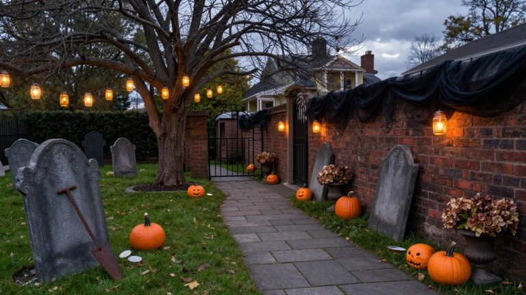 Halloween yard at dusk with a black wrought-iron fence enclosing gray tombstones beside a stone pathway leading through a gate to a house porch, orange pumpkins nearby, a "Keep Out" sign, large tree draped in white fabric and string lights, and scattered decorations.