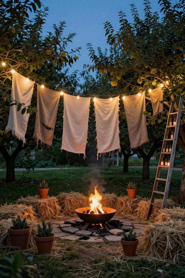 Curved wooden benches arranged in a circle around a brick fire pit with burning flames, blankets and pillows on seats, a black cauldron on a stand nearby, surrounded by bamboo plants, string lights, and hanging lanterns in a backyard at dusk.