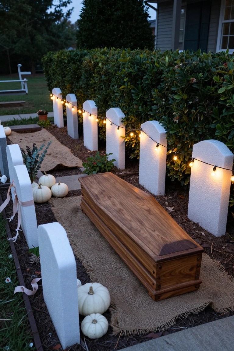 Scarecrow in gray clothing and hat standing in front yard landscaping with hay bales painted with black handprints, potted kale plants, a lantern, fountain grass, a wooden sign on a post, and another scarecrow nearby along a sidewalk at sunset.