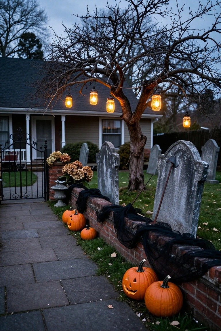 Halloween yard at dusk with a black wrought-iron fence enclosing gray tombstones beside a stone pathway leading through a gate to a house porch, orange pumpkins nearby, a 