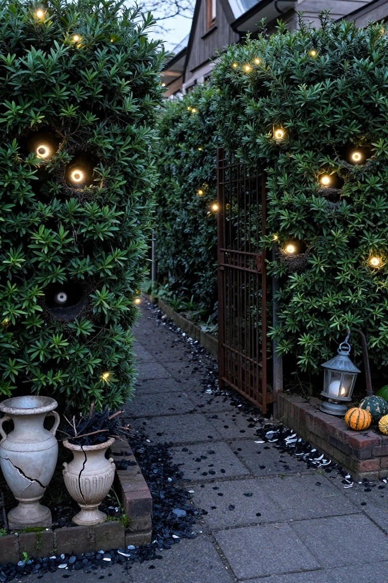 Glass-walled greenhouse interior featuring black metal shelves stocked with lit mason jars containing dried plants, nuts, and other objects, a central stone fountain with rising mist, stone guardian statues around the fountain base, potted plants, and string lights.