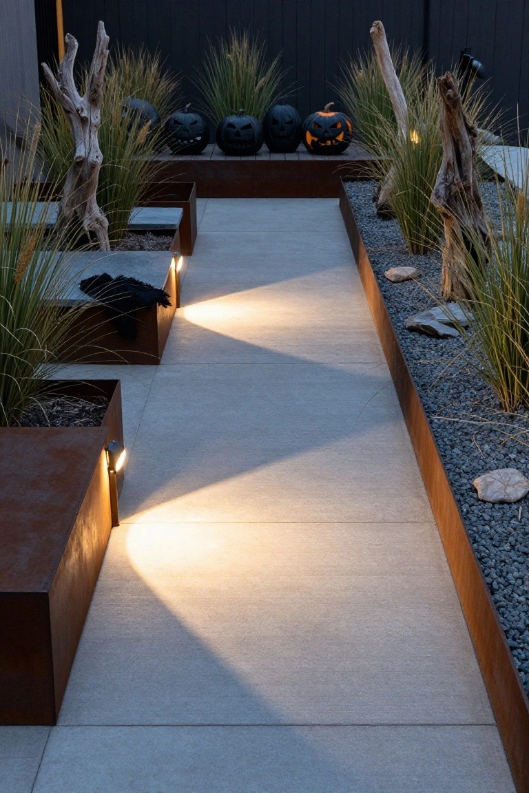 Gravel circle in a backyard with central metal fire pit burning, surrounded by carved and plain pumpkins, under white draped netting canopy with hanging lanterns, grass and trees around at dusk.