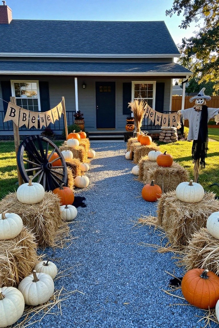 Gravel pathway flanked by tall ornamental grasses, black tattered flags on poles, potted orange hydrangeas with plastic skeletons, a wooden bench with a reclining skeleton, and a stone cauldron with smoke, leading to a green gate beside a house.