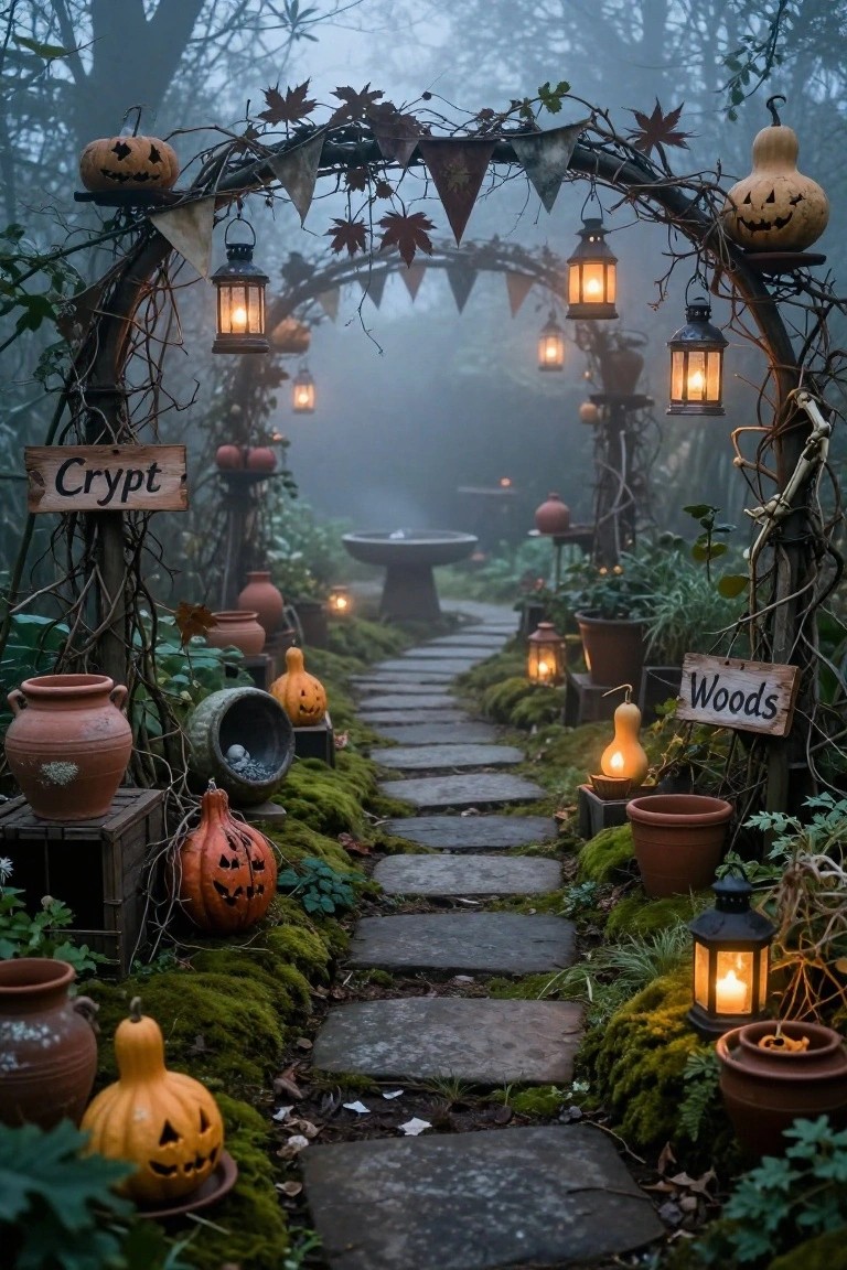 Paved walkway lined with faux marble tombstones and metal lanterns next to a stone bench with cushion, bordered by hedges and lit conical evergreen trees, with cemetery background at dusk.