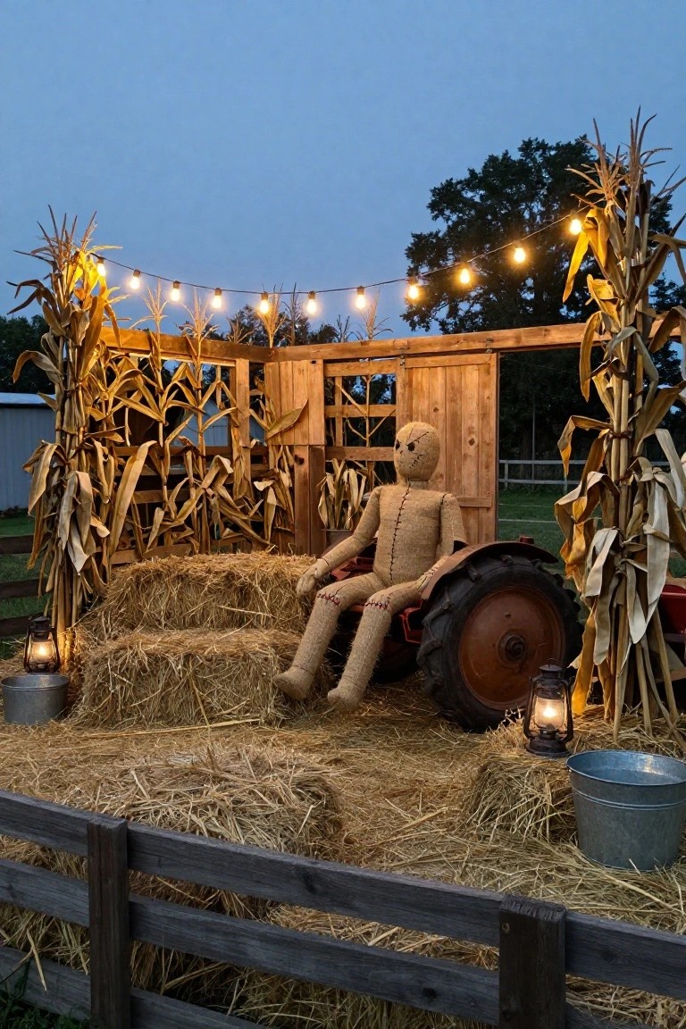 A small rectangular hot tub in a concrete backyard patio lined with black square planters containing pampas grass and lit candles, steam rising from the water, Halloween skull graffiti on a wooden fence, and white pumpkins on a platform nearby.