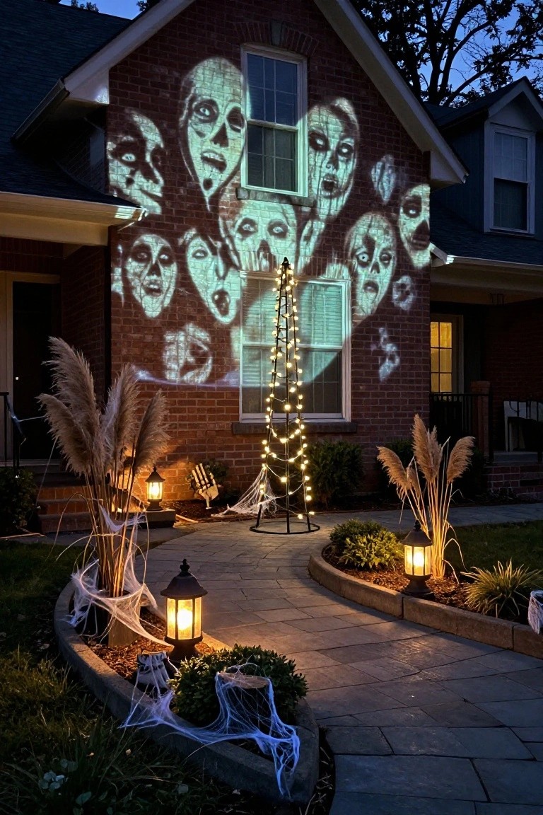 Wooden archway draped in black fabric and spiderwebs flanked by tall evergreen trees wrapped in dark material, with a brick path lined by black cauldrons and lanterns leading toward a house in a yard at dusk.