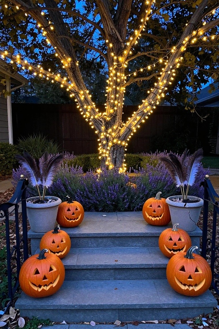 Backyard Halloween setup with a large black spider forming an arch over a wooden fence gate flanked by black rope-wrapped posts and a sign, leading to a circular dark stone platform surrounded by ornamental grasses and lit by candles in metal tins and string lights.