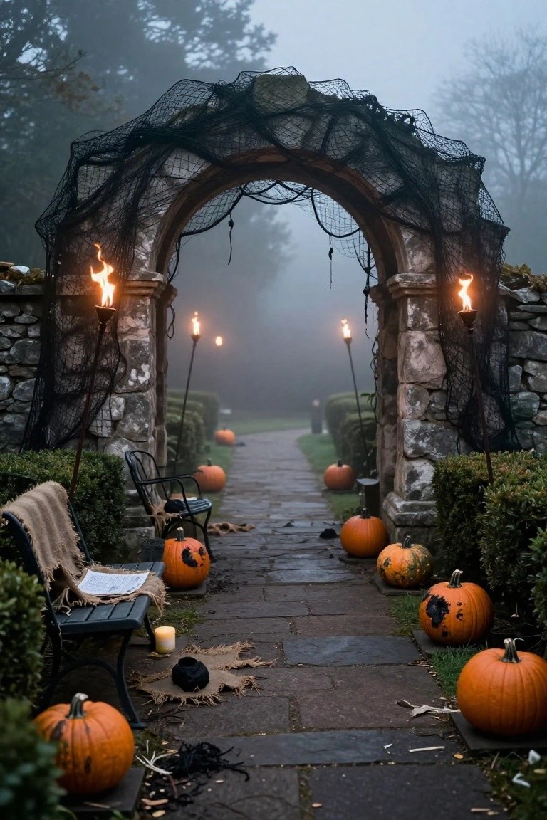 Overhead view of a gravel spiral pathway edged in black pansies circling a tall stone obelisk in a garden courtyard, with lanterns, boxwood hedges, and brick houses visible around it at dusk.