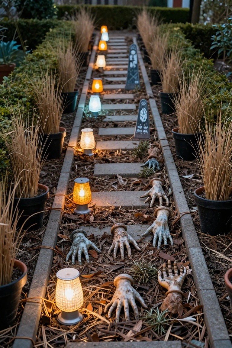 Stone retaining wall terraced with lavender plants, grasses, black metal bat cutouts, driftwood pieces, black benches, uplights, and gravel path edged in metal at dusk.