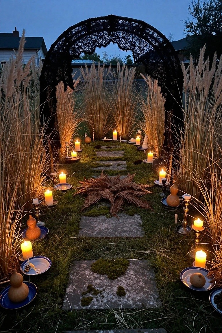 Wooden table under a beige fabric canopy in a garden, covered with glass bottles, jars of herbs, plant bundles, and chalkboard signs labeling items like 