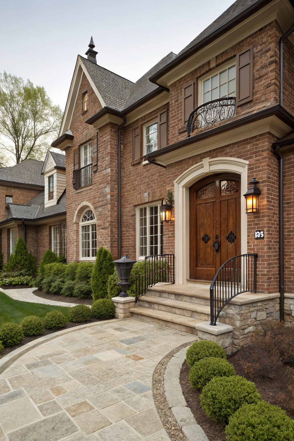A two-story brown brick house exterior with an arched wooden double door entry, flanked by lanterns, stone steps with wrought iron railing, and low shrubs along a curved stone pathway.