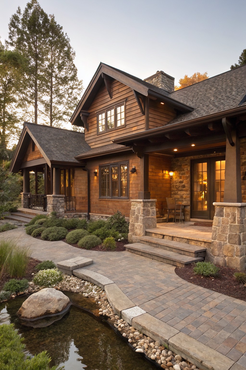 Two-story brown shingle house exterior with stone pillars supporting the covered entry porch, wooden siding, large windows, and a brick path with surrounding landscaping and a small pond.