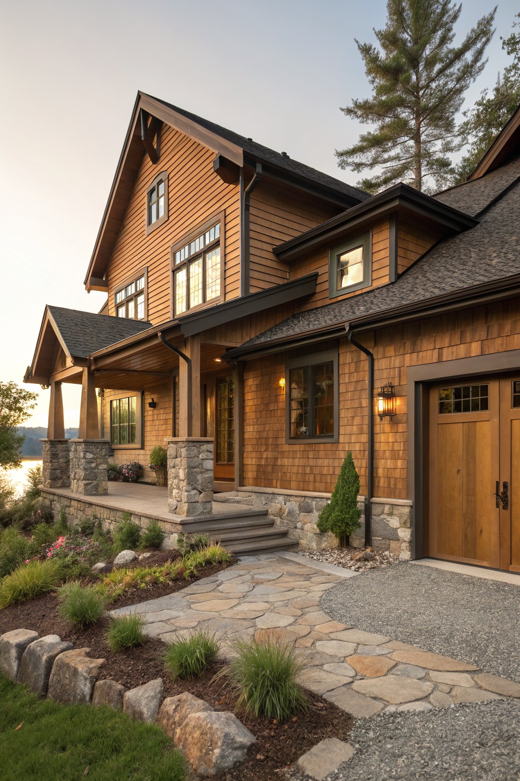 Two-story house with brown shingle siding, covered front porch supported by stone pillars, wooden entry door and garage door, stone steps, landscaping with plants and rocks, and a lake visible nearby at dusk.