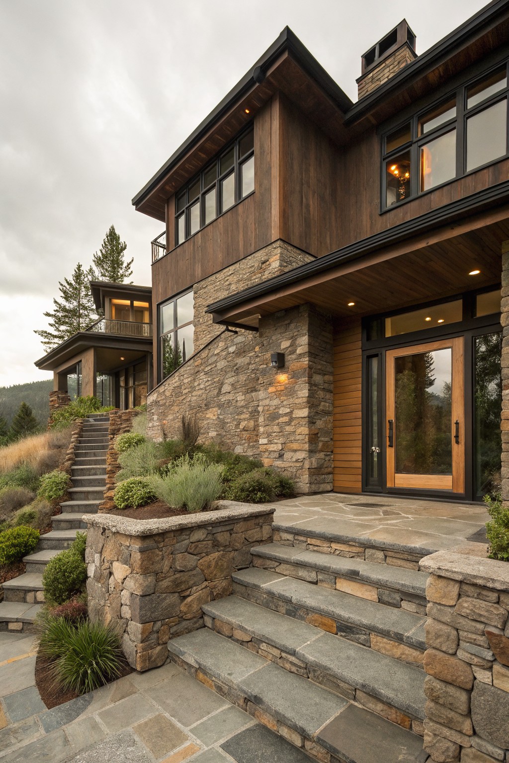 Two-story house exterior with dark wood siding, tall stone walls flanking wide slate steps leading to a wood-framed glass entry door, landscaped hillside setting with trees and shrubs.