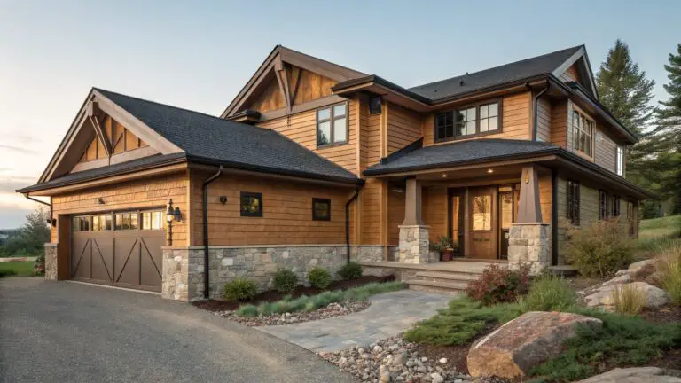 Two-story house with brown shingle siding, covered front porch supported by stone pillars, wooden entry door and garage door, stone steps, landscaping with plants and rocks, and a lake visible nearby at dusk.