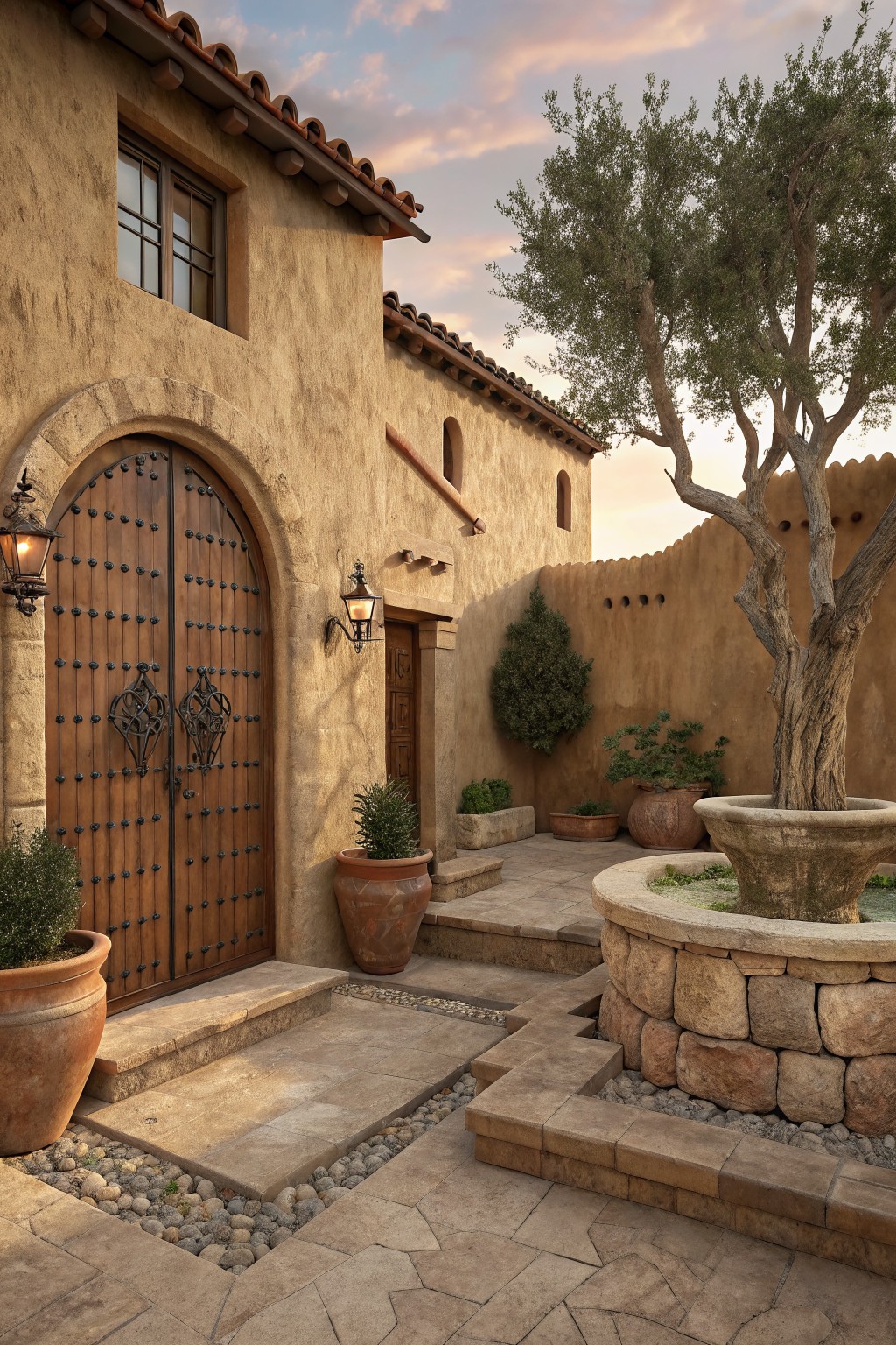 Textured brown stucco house exterior featuring a large arched wooden door with iron hardware and lanterns, a stone fountain with olive tree, potted plants, and terracotta pots in a courtyard setting at dusk.