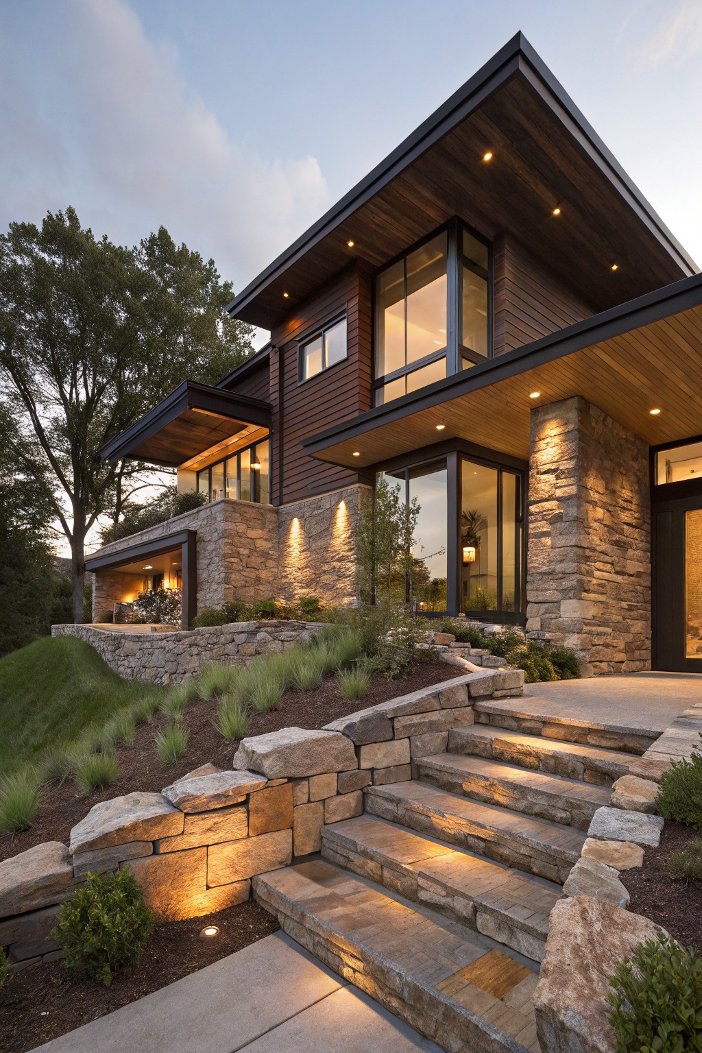 Contemporary house exterior featuring brown wood cladding, rugged stone retaining walls and wide steps ascending to a glass-fronted entry door, with landscape lighting and surrounding greenery at dusk.